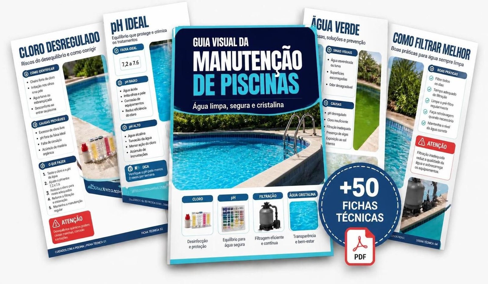 Guia Visual dos Cuidados com a Piscina — fichas técnicas